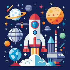 Flat style vector: space exploration concept &ndash; rocket, moon base, astronaut icons
