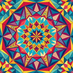 Seamless geometric kaleidoscope pattern vector, bold colors, tileable
