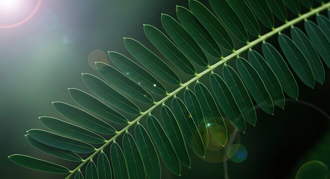 A close-up macro shot of a vibrant green frond with symmetrical leaflets, illuminated by a soft sunbeam creating a lens flare against a dark, blurred natural background