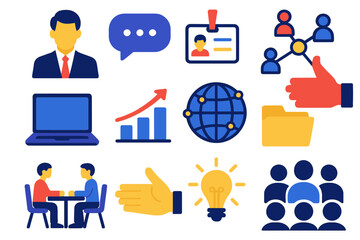 Modern Business Networking Icons. Business Networking flat icon set: suit figure, conversation bubble, laptop, name tag, social connection, bar chart, global network, document