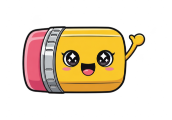 Cute kawaii yellow pencil eraser character waving hand isolated on transparent background