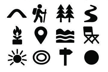 Bold Outdoor Icons. Outdoor Recreation Culture Symbols silhouette icon set: mountain arc, hiking figure, forest outline, river path, camp stove, map pin, ridge sweep, outdoor chair