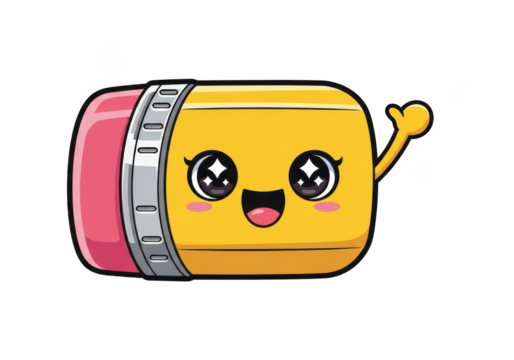 Cute kawaii yellow pencil eraser character waving hand isolated on transparent background - Powered by Adobe