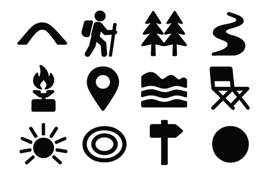 Bold Outdoor Icons. Outdoor Recreation Culture Symbols silhouette icon set: mountain arc, hiking figure, forest outline, river path, camp stove, map pin, ridge sweep, outdoor chair
