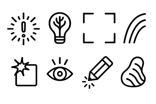 Creative Insight Icons. Creative Insight Icons linear icon set: inspiration burst, branching idea, open frame, dynamic curve, highlight ray, vision arc, sketch spark, evolving form