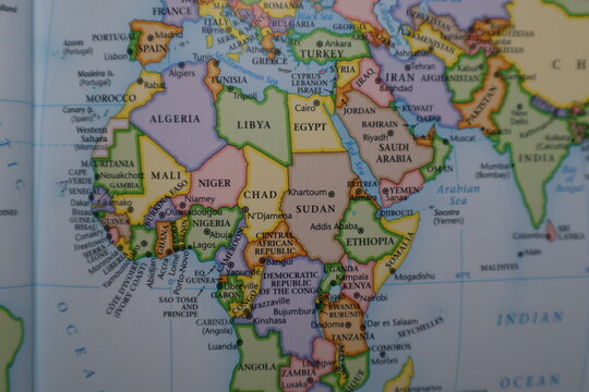 Detailed political map closeup of West and Central Africa, including Nigeria, Sudan, Algeria, Libya, Mali, and Ghana. The image highlights countries with diverse resources, complex political landscape