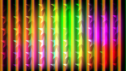 Vibrant abstract background with shimmering stars and glowing vertical rainbow stripes, creating a dynamic and energetic light effect for festive events and modern designs