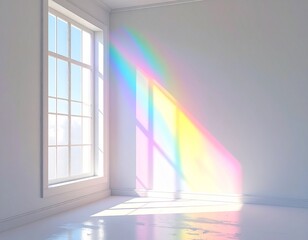白い部屋の壁に映る、窓枠の影と鮮やかな虹色の光