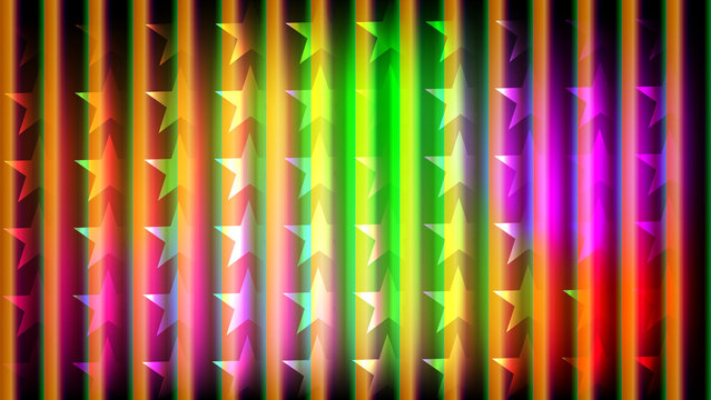 Vibrant abstract background with shimmering stars and glowing vertical rainbow stripes, creating a dynamic and energetic light effect for festive events and modern designs