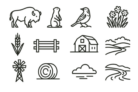 Prairie Icons Collection. Prairie Life linear icon set: bison, prairie dog, meadowlark, wildflower patch, wheat stalk, wooden fence, barn, open plain, windmill, hay bale, cloud