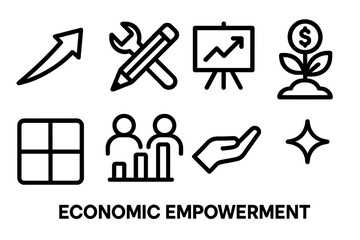 Economic Growth Icons. Economic Empowerment linear icon set: uplift arrow, skills icon, training board, financial seedling, opportunity grid, shared progress bar, empowerment hand