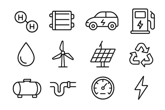 Hydrogen Energy Icons. Clean Energy Hydrogen linear icon set: H2 molecule, fuel cell stack, eco car, charging station, water drop, turbine, solar panel, recycling arrow, tank