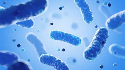 Blue bacteria and particles under microscope