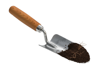 Small hand trowel with rich earth and delicate roots resting on a dark background