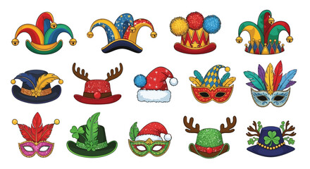 Colorful collection of festive carnival hats and masks, perfect for celebration and party costumes