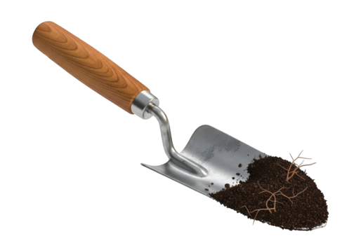 Small hand trowel with rich earth and delicate roots resting on a dark background