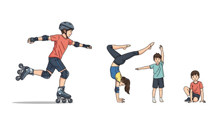 Youngsters Engaging in Diverse Physical Activities Rollerblading, Gymnastics, and Stretching Exercises