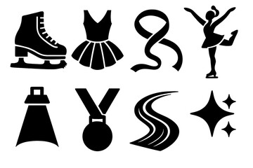 Bold Skating Icons. Figure Skating Elegance silhouette icon set. skating boots, tutu dress, ribbon, graceful pose, spotlight, medal, ice trail, star sparkle