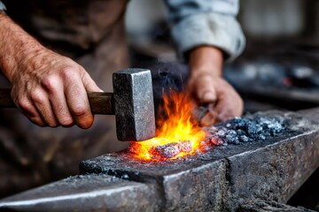 Blacksmith hammering hot metal on an anvil with fire