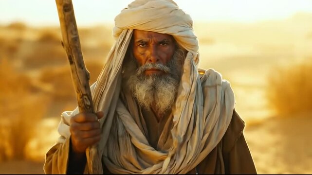 Epic cinematic shot of biblical prophet with a wooden staff walking through the hot desert wilderness.