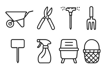 Garden Tools Icons. Garden Tools linear icon set: wheelbarrow, pruning shears, sprinkler head, garden fork, plant stake, spray bottle, compost bin, basket