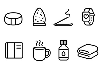 Balance Tools Icons Collection. Energetic balance tools linear icon set: meditation cushion, soothing lamp, incense stick, wellness tracker, journal page, warm mug, essential oil