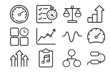 Work Pace Icons. Work Pace Icons linear icon set: workflow meter, paced task list, balanced workload bar, steady progress arrow, timing blocks, momentum chart, focus rhythm line