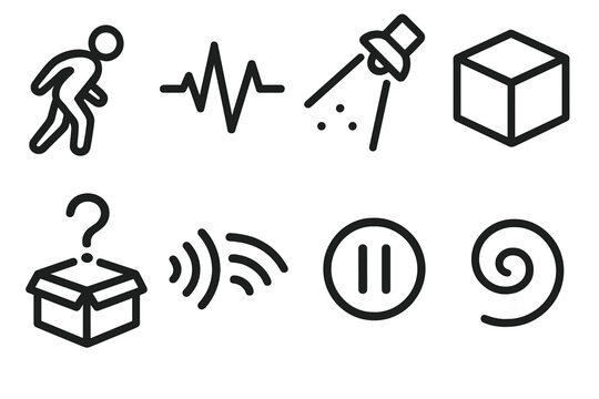 Anticipation Icons. Moments of Anticipation linear icon set: forward lean figure, heartbeat pulse, spotlight beam, unopened box, hovering question mark, whisper lines, pause icon