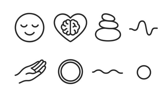 Balance and Stability Icons. Emotional Stability Planning linear icon set: calm bubble, heart–mind balance icon, grounding stone, steady breath line, supportive gesture, clarity