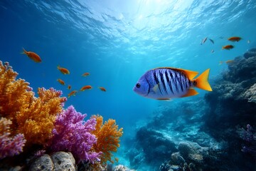 Naklejka premium Tropical coral reef ecosystem with colorful fish swimming