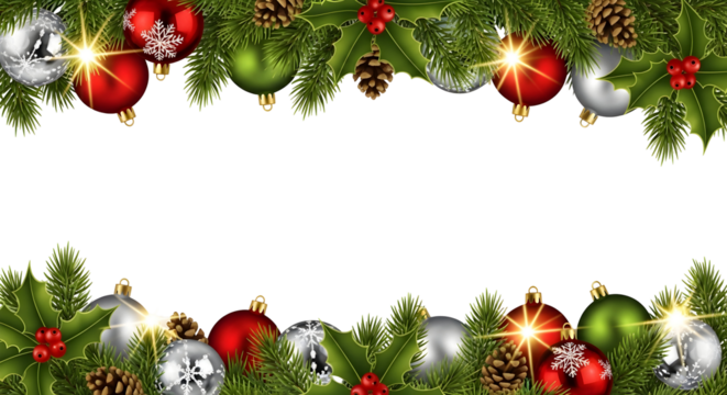 Festive Christmas border featuring ornaments, pine needles, holly, and glowing lights, with a blank space.