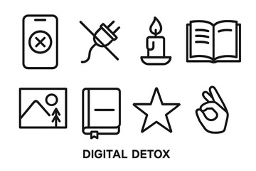 Digital Detox Icons. Digital Detox linear icon set. phone off, unplug icon, candle, book, journal, nature scene, star, hand gesture