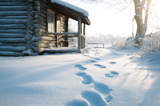 Footprints in fresh snow lead to rustic wooden cabin with frosty windows, surrounded by winter landscape and soft morning sunlight, evoking peaceful solitude