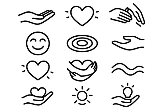 Kindness Icon Set. Kindness Icons linear icon set: open hand, heart glow, gentle touch, warm smile symbol, kindness ripple, giving gesture, compassion spark, supportive arms, care
