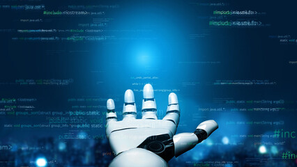 A sleek robotic hand extends toward a bright blue light, surrounded by abstract digital code, illustrating themes of innovation and futuristic technology in a captivating manner. Xenic