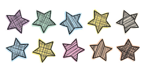 Vibrant hand-drawn doodle stars set with crayon-like texture, ideal for playful design elements and abstract backgrounds