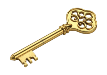 Ornate golden skeleton key rests against a solid black background