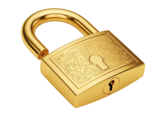 Ornate golden padlock stands open against a dark background