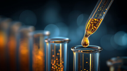Dropping golden liquid into test tube during chemistry experiment