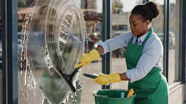 Woman meticulously cleaning storefront glass with squeegee and soapy suds
