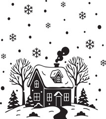 Fototapeta premium Winter House Silhouette with Snowflakes and Trees – Peaceful Seasonal Landscape Vector Illustration