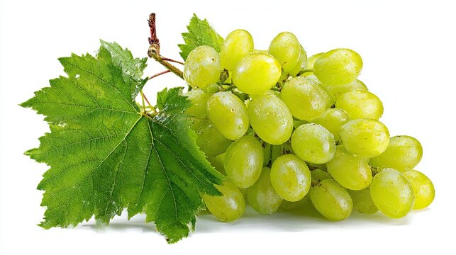 Fresh green grapes with leaves. White background. With clipping path