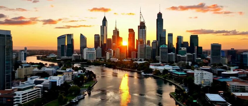 Stunning Aerial View of Melbourne City Skyline at Golden Sunset.