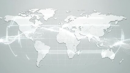 Minimal white world map with faint animated grid dynamically connects global data