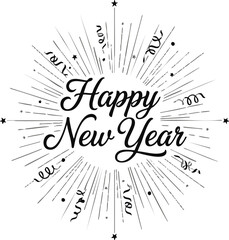 Happy New Year Silhouette with Radiating Lines and Confetti – Elegant Festive Vector Typography