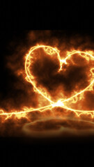 Glowing fiery heart made of bright orange plasma and smoke on a dark background, symbolizing passion, energy, and love
