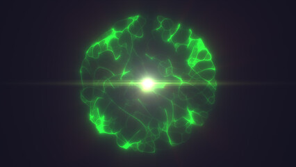 Glowing green plasma sphere radiating bright light and energy waves in a dark cosmic background