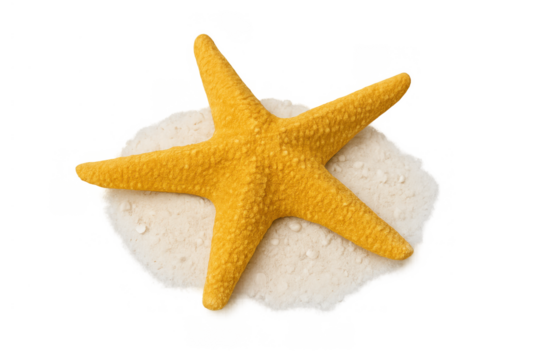 Yellow sea star resting on a small pile of white sand, isolated for easy integration into various designs