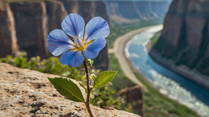 Fragile Blue Flower on Cliff Edge in Swirling Wind Overlooking Endless Horizon.
