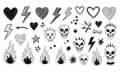 Hand drawn doodle set of punk rock and edgy design elements including skulls, hearts, lightning bolts, and flames
